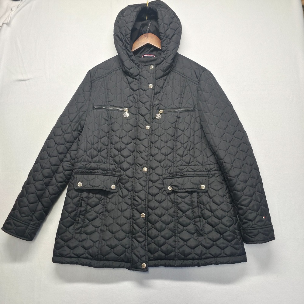 Tommy Hilfiger Women's Black Quilted Hood Jacket with Gold Zipper/Pulls Size XL